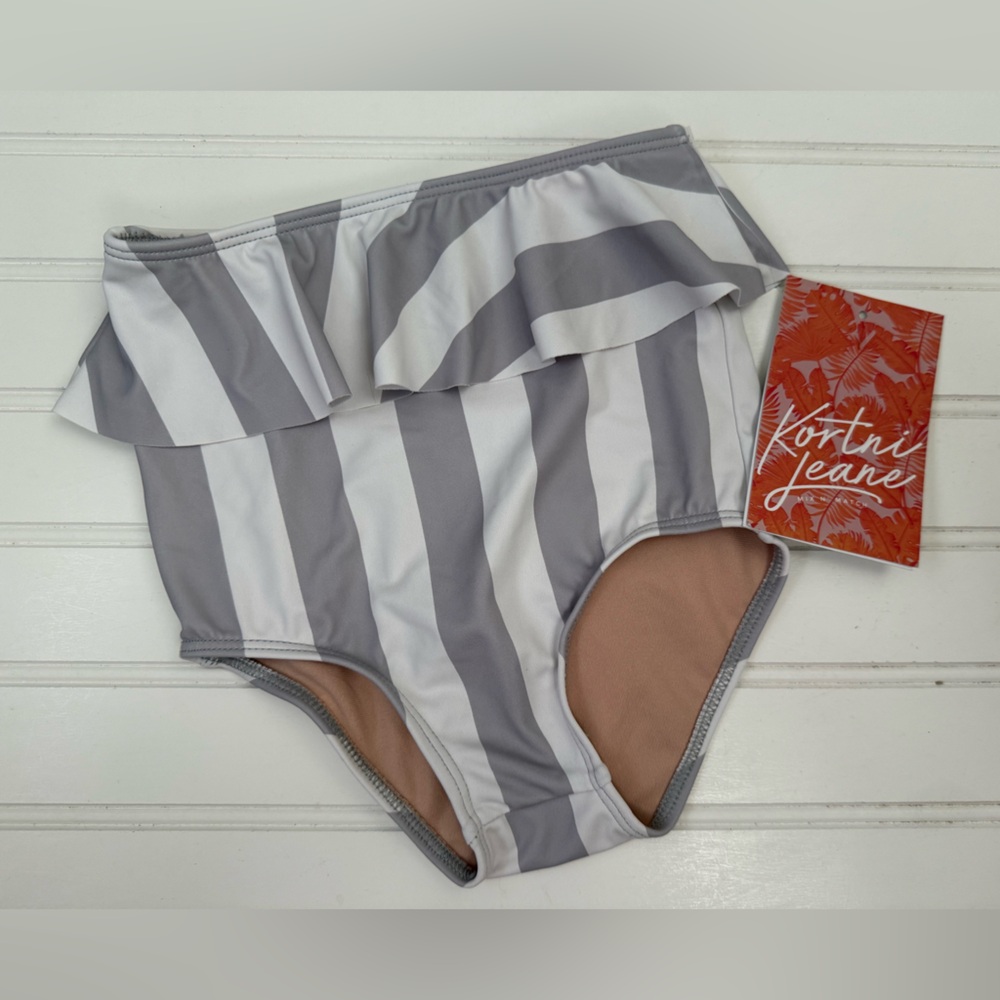 Kortni Jeane Girls Gray and White Striped Ruffle Bikini Bottoms